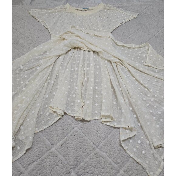 Leifnotes Womens Ivory Sheer Lace Dress Smocked‎ Waist Sequins Dot Size 2 - Picture 5 of 14